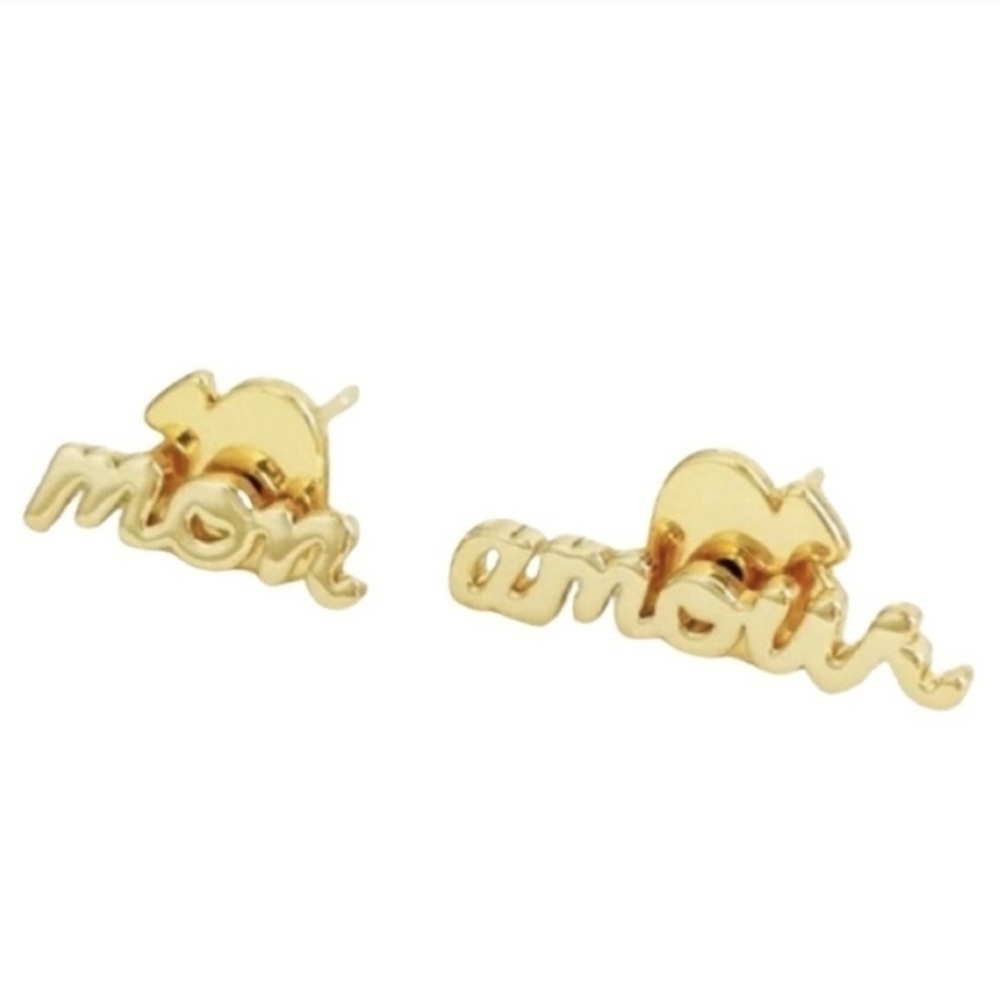 Kate Spade True Love “mon amour” Script Gold Stud Earrings with Dust Bag, NWT - Picture 3 of 8